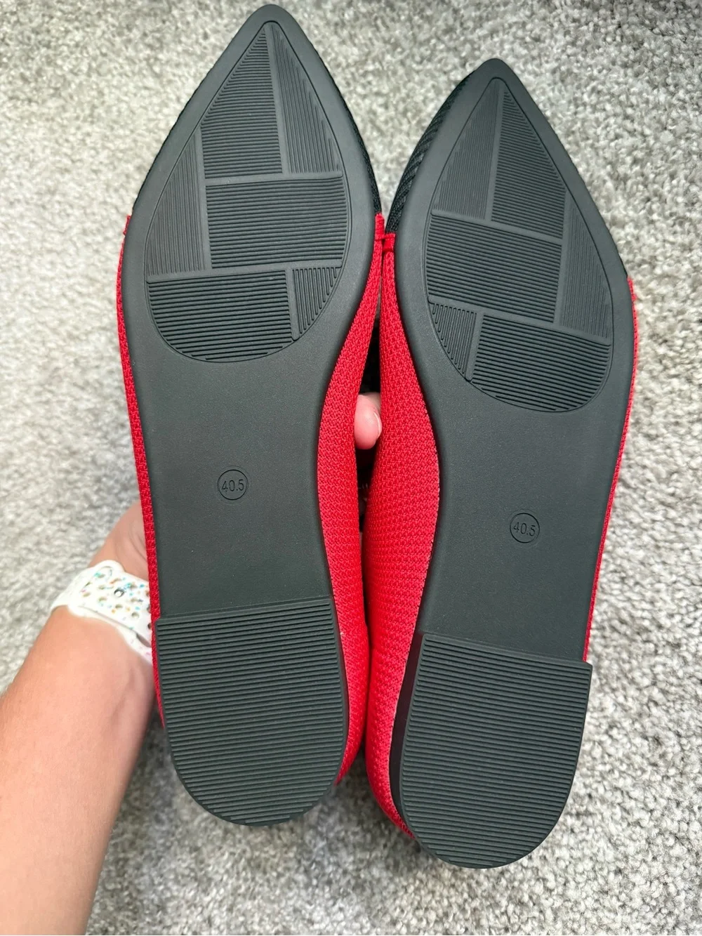 NIB Red and Black Pointed Chain-Trim Knit Ballet Flats